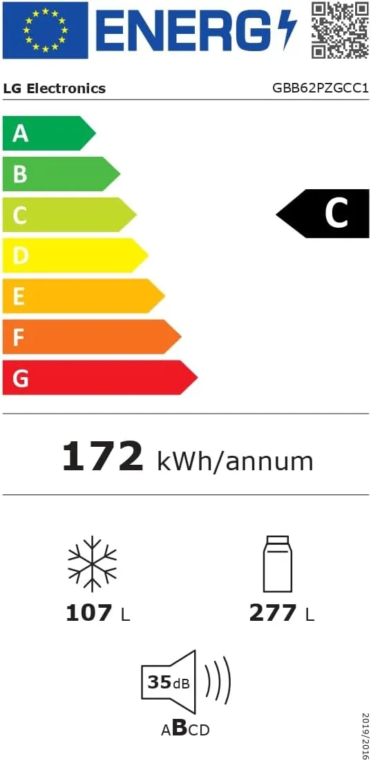 LG GBV3100CSW - Frigorífico Combi, Nevera 2 Puertas, Door Cooling+, Clasificación C, Capacidad de 374 L, Serie 300, 1.86 m, Blan